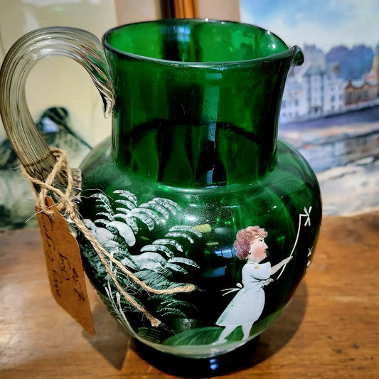 Mary Gregory Green glass jug